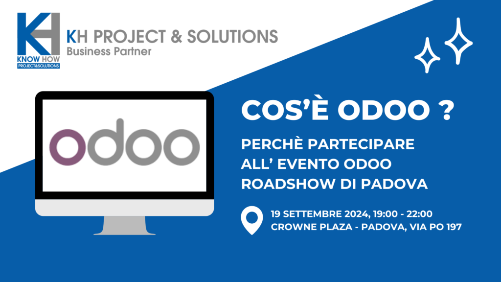 Banner evento Odoo Roadshow Padova 19 settembre 2024, organizzato da KH Project & Solutions, scopri il software gestionale Odoo.
